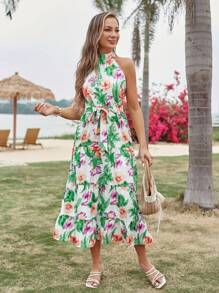 SHEIN VCAY Tropical Print Belted Halter Dress - Multicolor - View 1