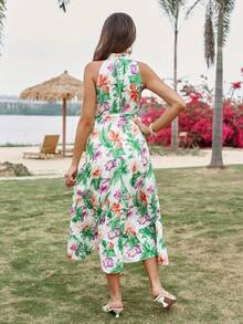 SHEIN VCAY Tropical Print Belted Halter Dress - Multicolor - View 2