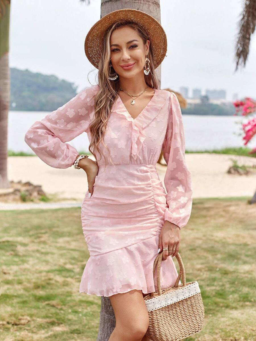 SHEIN VCAY Đầm Xù Viên lá sen màu trơn Giải trí - Màu Hồng baby - Xem 1