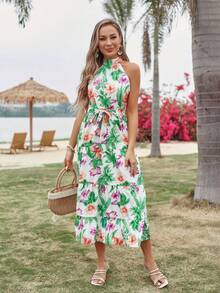 SHEIN VCAY Tropical Print Belted Halter Dress - Multicolor - View 4