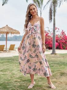 SHEIN VCAY Floral Print Knot Front Cami Dress - Multicolor - View 5