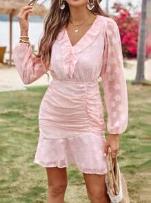 SHEIN VCAY Đầm Xù Viên lá sen màu trơn Giải trí - Màu Hồng baby - Xem 4