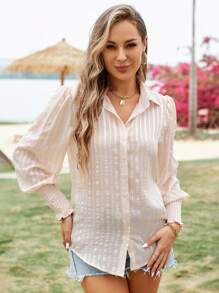 SHEIN Frenchy Button Front Shirred Cuff Shirt - Apricot - View 3