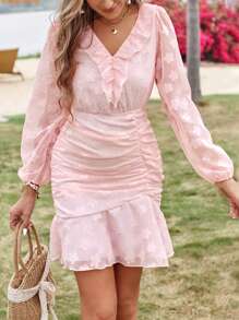 SHEIN VCAY Đầm Xù Viên lá sen màu trơn Giải trí - Màu Hồng baby - Xem 5