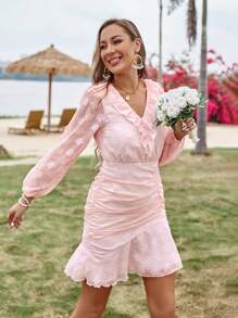 SHEIN VCAY Đầm Xù Viên lá sen màu trơn Giải trí - Màu Hồng baby - Xem 6