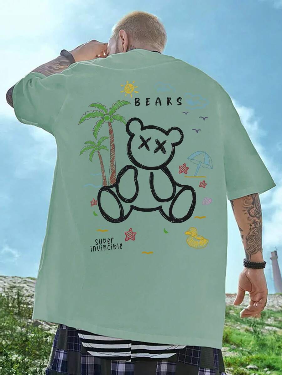 Manfinity Roghcode Lỏng lẻo phù hợp Nam Gấu & Lá thư In Áo thun - Màu xanh Bạc hà - Xem 1