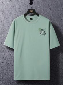 Manfinity Roghcode Lỏng lẻo phù hợp Nam Gấu & Lá thư In Áo thun - Màu xanh Bạc hà - Xem 3