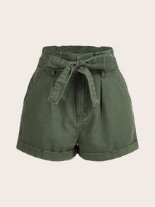 SHEIN Essnce Quần short denim nữ Thắt lưng Túi màu trơn - màu xanh lá - Xem 1