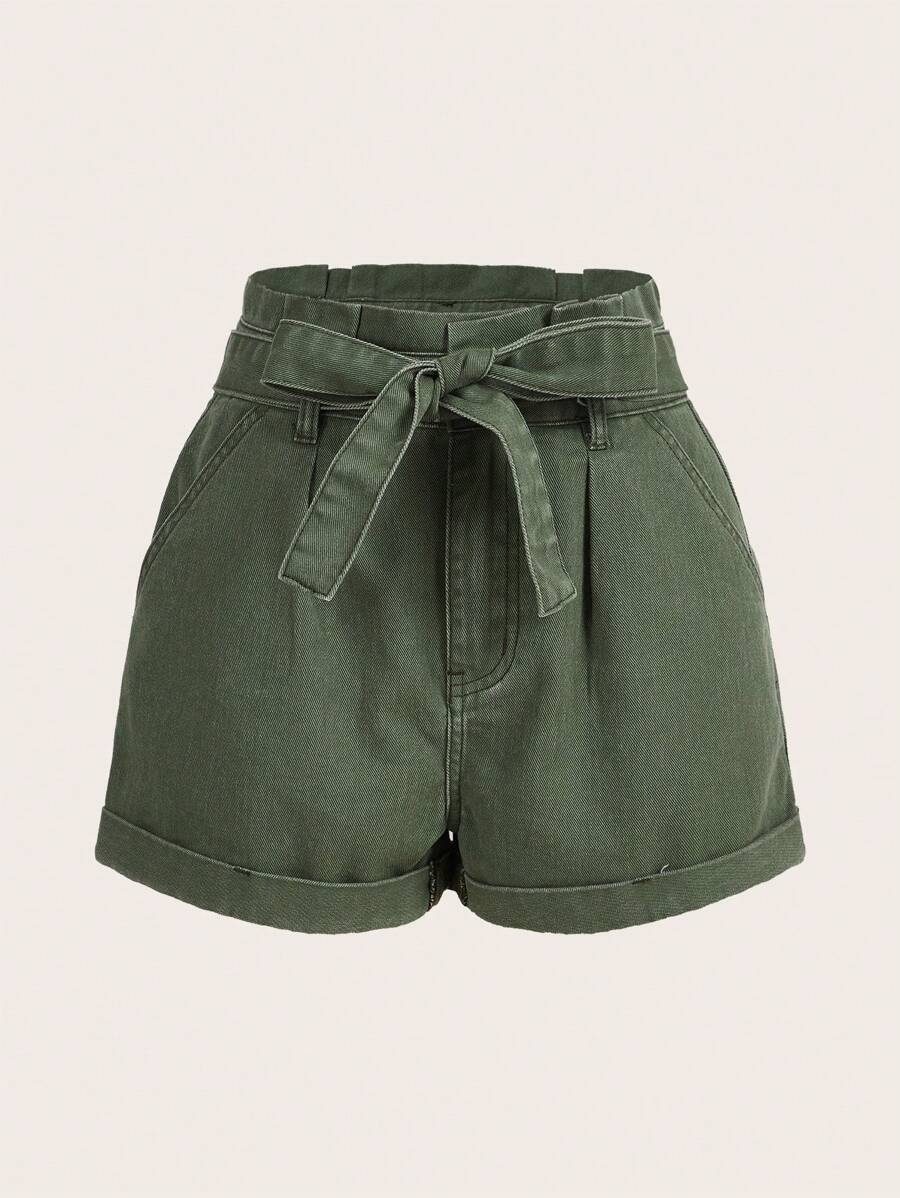 SHEIN Essnce Quần short denim nữ Thắt lưng Túi màu trơn - màu xanh lá - Xem 1