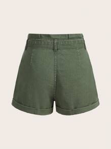 SHEIN Essnce Quần short denim nữ Thắt lưng Túi màu trơn - màu xanh lá - Xem 2