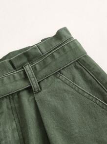 SHEIN Essnce Quần short denim nữ Thắt lưng Túi màu trơn - màu xanh lá - Xem 4
