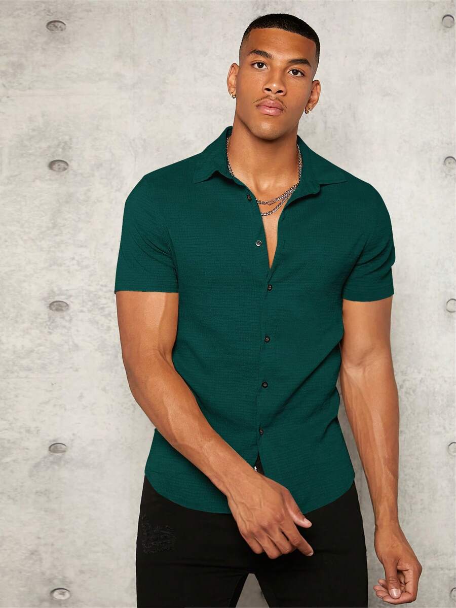Manfinity BRENVOR Men Solid Button Front Shirt - Dark Green - View 1