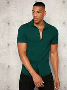 Manfinity BRENVOR Men Solid Button Front Shirt - Dark Green - View 3
