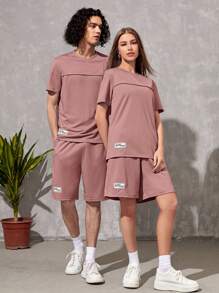 Manfinity VCAY 1入組字母補丁細節T恤和1入組短褲 - 藕粉色 - 查看 5