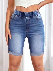 SHEIN Essnce Elastic Waist Roll Hem Denim Shorts