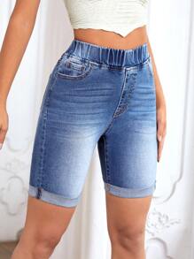 SHEIN Essnce Elastic Waist Roll Hem Denim Shorts