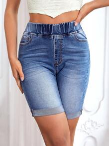 SHEIN Essnce Elastic Waist Roll Hem Denim Shorts