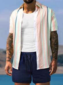 Manfinity Homme Hombres Camisa con estampado de rayas & Shorts de cintura con cordón - Multicolor - Ver 3