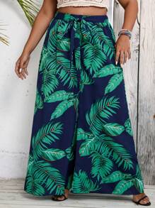 SHEIN Holidaya Plus Tropical Print Belted Wide Leg Pants - Navy Blue - View 2