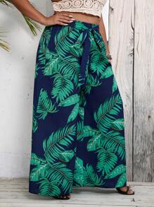 SHEIN Holidaya Plus Tropical Print Belted Wide Leg Pants - Navy Blue - View 4