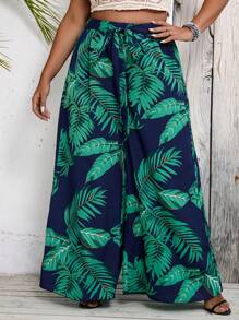 SHEIN Holidaya Plus Tropical Print Belted Wide Leg Pants - Navy Blue - View 1