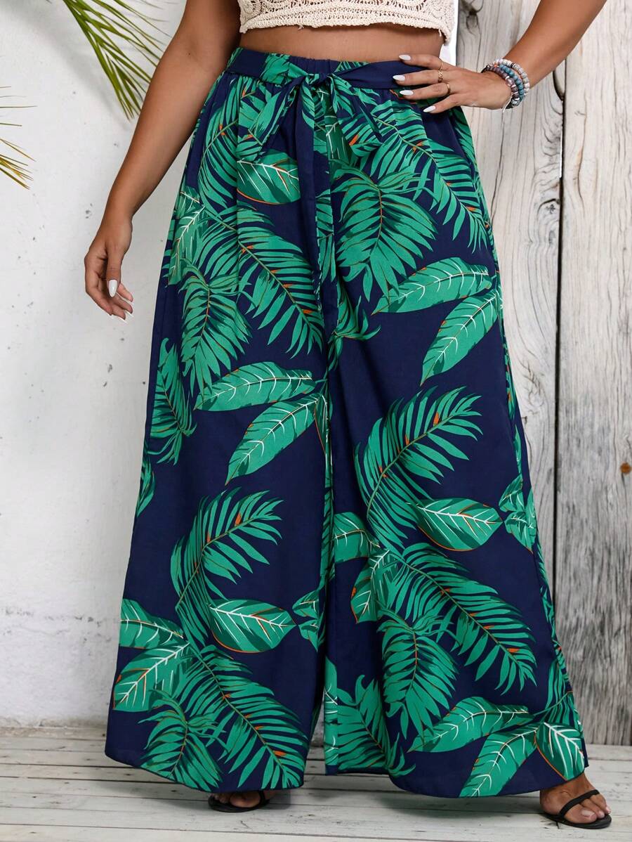 SHEIN Holidaya Plus Tropical Print Belted Wide Leg Pants - Navy Blue - View 1