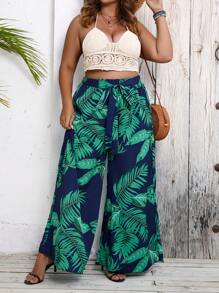 SHEIN Holidaya Plus Tropical Print Belted Wide Leg Pants - Navy Blue - View 6