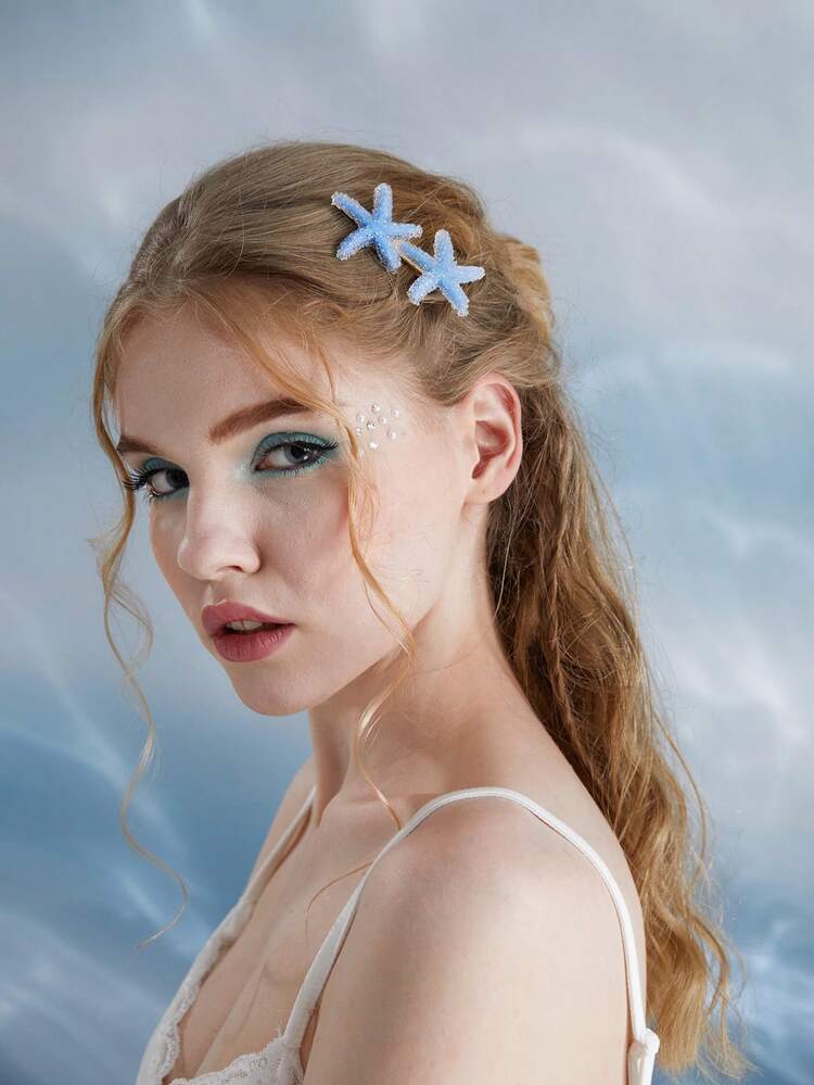 ROMWE Fairycore 美人魚1入組女士水鑽海星裝飾時尚鴨嘴夾適用於頭髮裝飾用品 - 藍色 - 查看 3