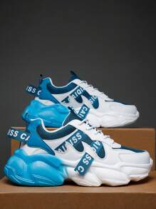 Giày thể thao có dây buộc họa tiết chữ cái cho nam, Giày thể thao lưới chunky thể thao cho hoạt động ngoài trời - Xanh đậm - Xem 1