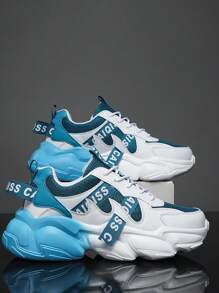 Giày thể thao có dây buộc họa tiết chữ cái cho nam, Giày thể thao lưới chunky thể thao cho hoạt động ngoài trời - Xanh đậm - Xem 2