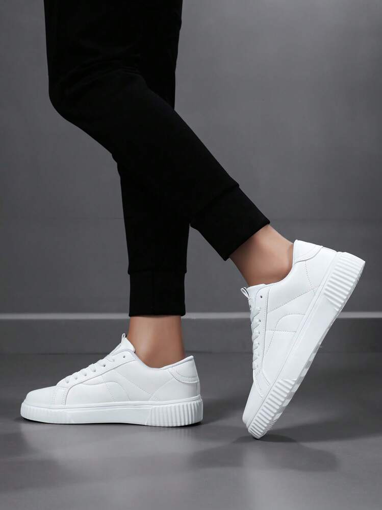 Men Letter Graphic Lace Up Sneakers, Sporty Skate Shoes For Outdoor - White - View 2