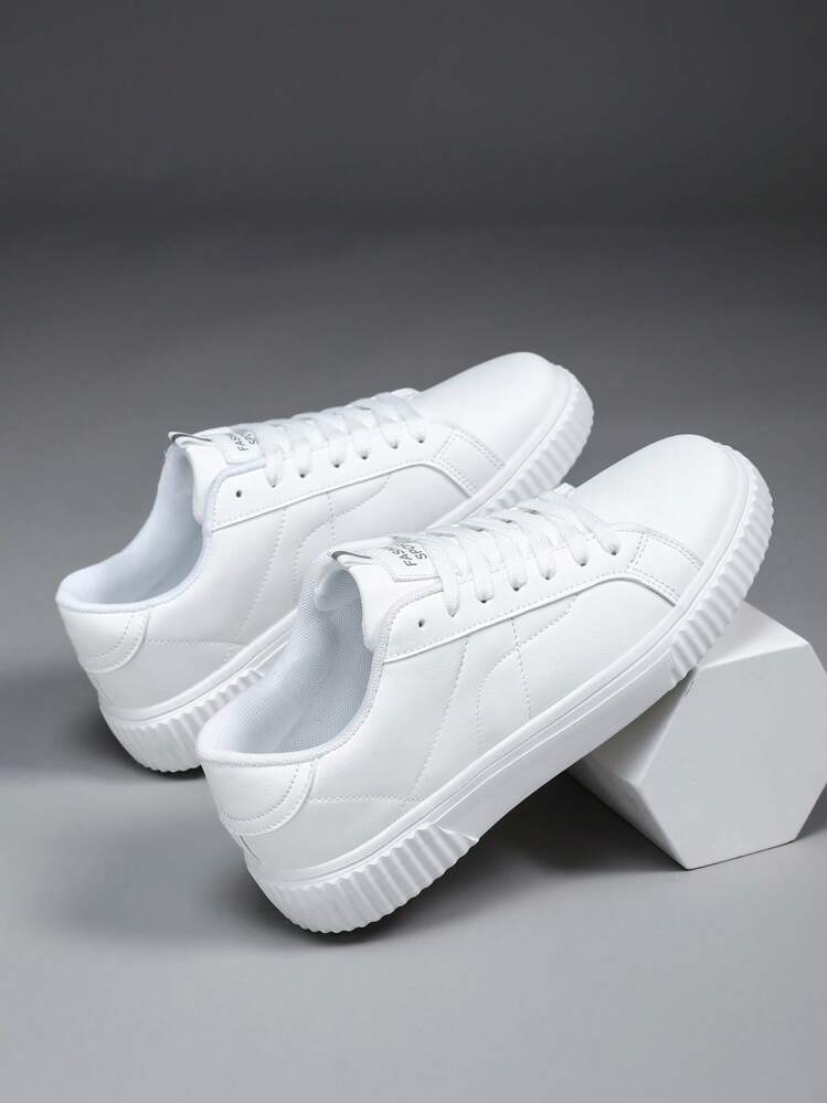 Men Letter Graphic Lace Up Sneakers, Sporty Skate Shoes For Outdoor - White - View 3