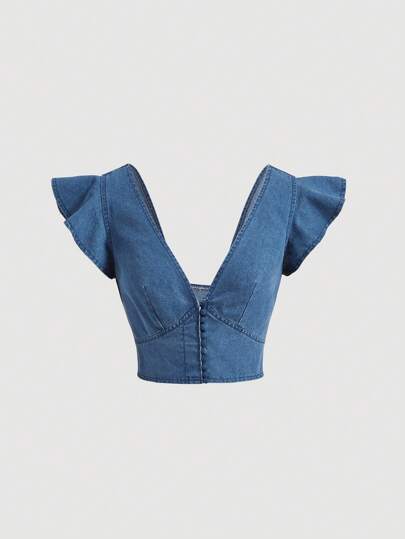 SHEIN MOD Butterfly Sleeve Button Front Crop Denim Top