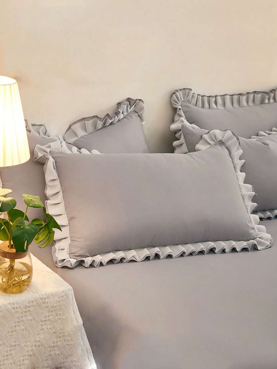 2入組素色荷葉邊裝飾枕套無填充物簡約臥室枕套 - 灰色 - 查看 1