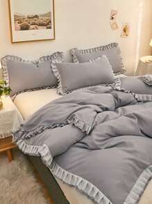 2入組素色荷葉邊裝飾枕套無填充物簡約臥室枕套 - 灰色 - 查看 5