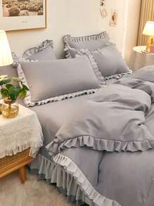 2入組素色荷葉邊裝飾枕套無填充物簡約臥室枕套 - 灰色 - 查看 3