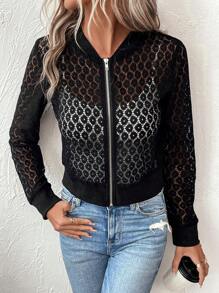 EMERY ROSE 拉鏈開襟蕾絲拼接飛行員夾克