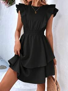 SHEIN Privé A字型荷葉邊連衣裙 - 黑色 - 查看 1