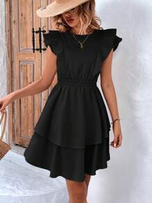 SHEIN Privé A字型荷葉邊連衣裙 - 黑色 - 查看 3