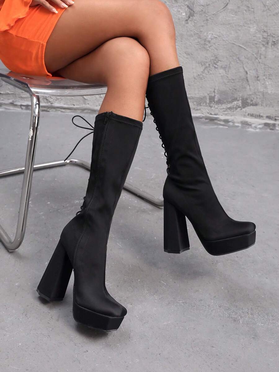 Giày bốt Nữ Thời trang màu trơn Lace-up Đúng mốt