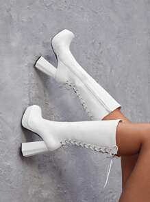 Lace Up Back Platform Chunky Heeled Classic Boots - White - View 2