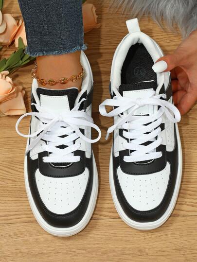 Fall/Winter Sporty Skate Shoes For Women, Two Tone Lace-Up Front Sneakers