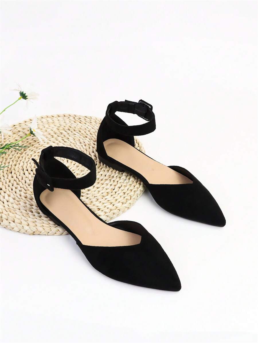 Fall/Winter Elegant Ankle Strap Flats For Women, Faux Suede Buckle Decor Flats - Black - View 1