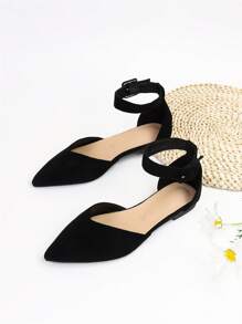 Fall/Winter Elegant Ankle Strap Flats For Women, Faux Suede Buckle Decor Flats - Black - View 2
