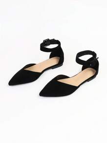 Fall/Winter Elegant Ankle Strap Flats For Women, Faux Suede Buckle Decor Flats - Black - View 4