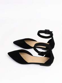 Fall/Winter Elegant Ankle Strap Flats For Women, Faux Suede Buckle Decor Flats - Black - View 5