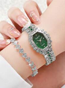 1 Đồng hồ thạch anh mặt số đa giác trang trí bằng bạc kẽm quyến rũ dành cho nữ & Vòng tay 1 chiếc, dùng cho cuộc sống hàng ngày Ngày lễ như một món quà cho học sinh đi học trở lại - màu xanh lá - Xem 2