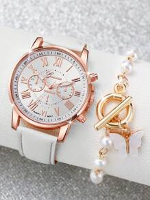 Conjunto de 2 relógios de quartzo femininos casuais com mostrador de três olhos e numerais romanos, com pulseira e pulseira de pérola borboleta, sem caixa
