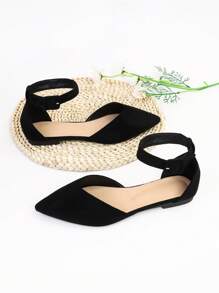 Fall/Winter Elegant Ankle Strap Flats For Women, Faux Suede Buckle Decor Flats - Black - View 6