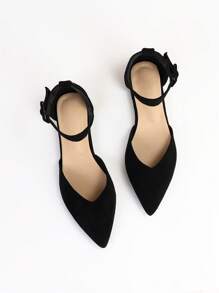 Fall/Winter Elegant Ankle Strap Flats For Women, Faux Suede Buckle Decor Flats - Black - View 7